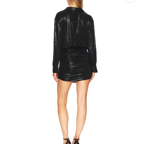 Norma Kamali Black Boyfriend shirtdress Plunge Ruched Mini Dress - Picture 3 of 8